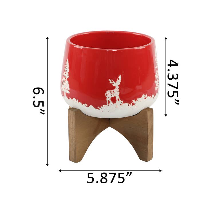 Ceramic Winter Planter on Wood Stand