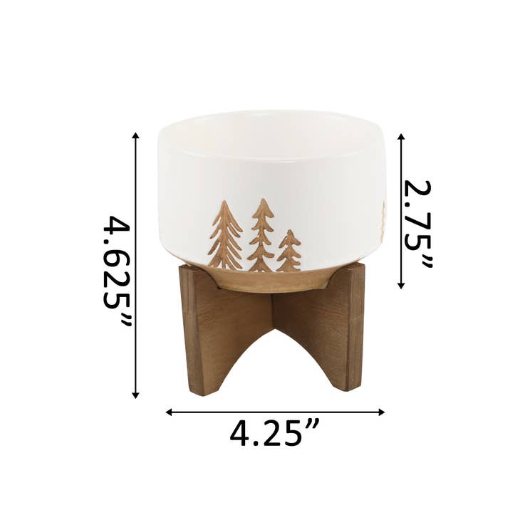 Ceramic Planter On Wood Stand White/Dark Brown 4"