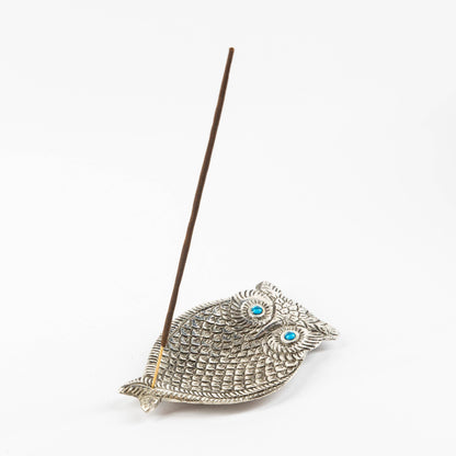 Owl Incense Holder - Silver with Turquoise Eyes