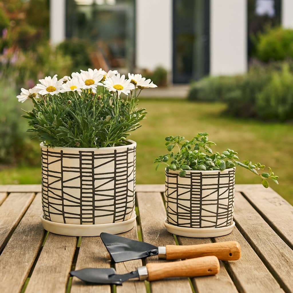 Beige Geometric Planter with Saucer