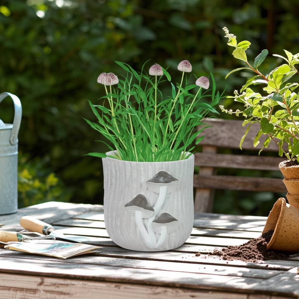 Grey Mushroom Applique Planter 6"