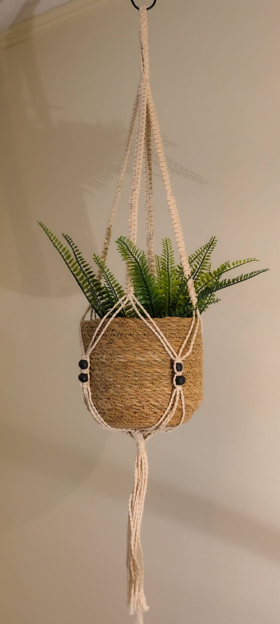 Cotton Macrame Hanger with Black Beads (40")