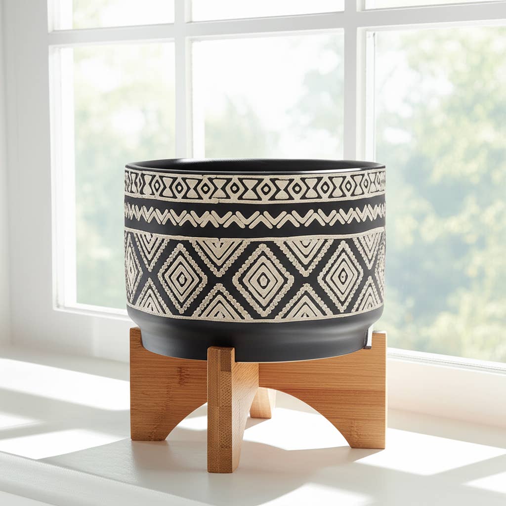 Modern Diamond Planter On Stand Black 7"