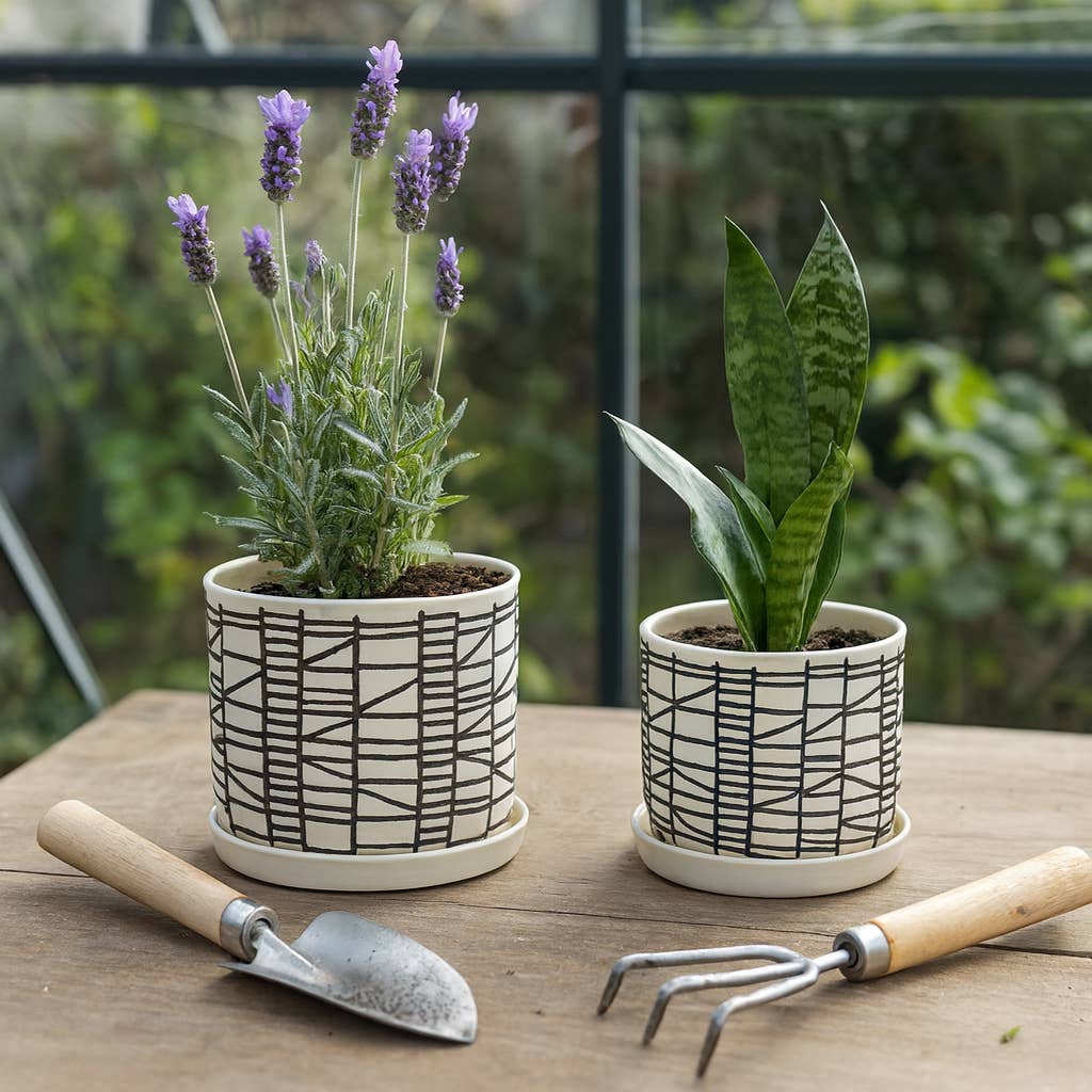 Beige Geometric Planter with Saucer