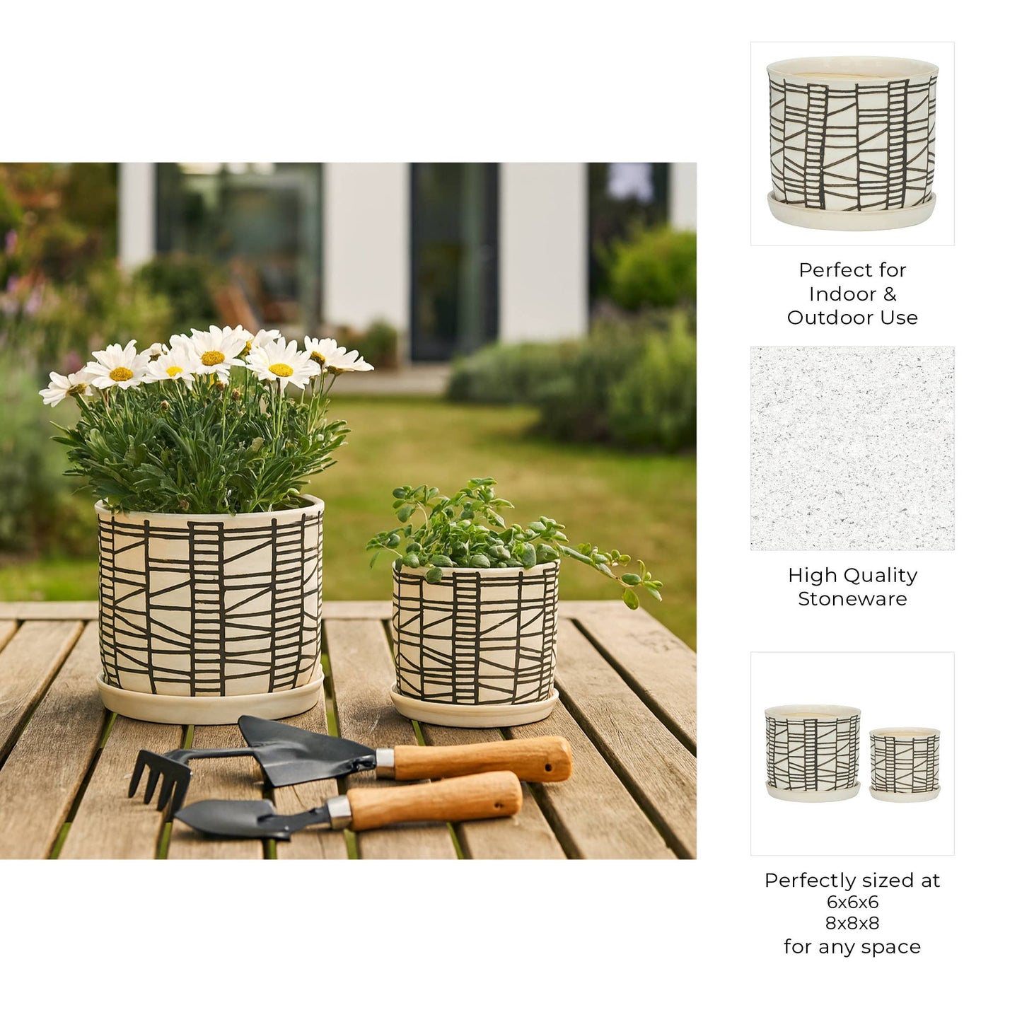 Beige Geometric Planter with Saucer