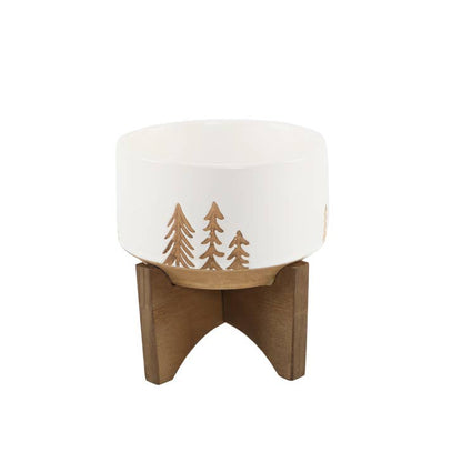 Ceramic Planter On Wood Stand White/Dark Brown 4"